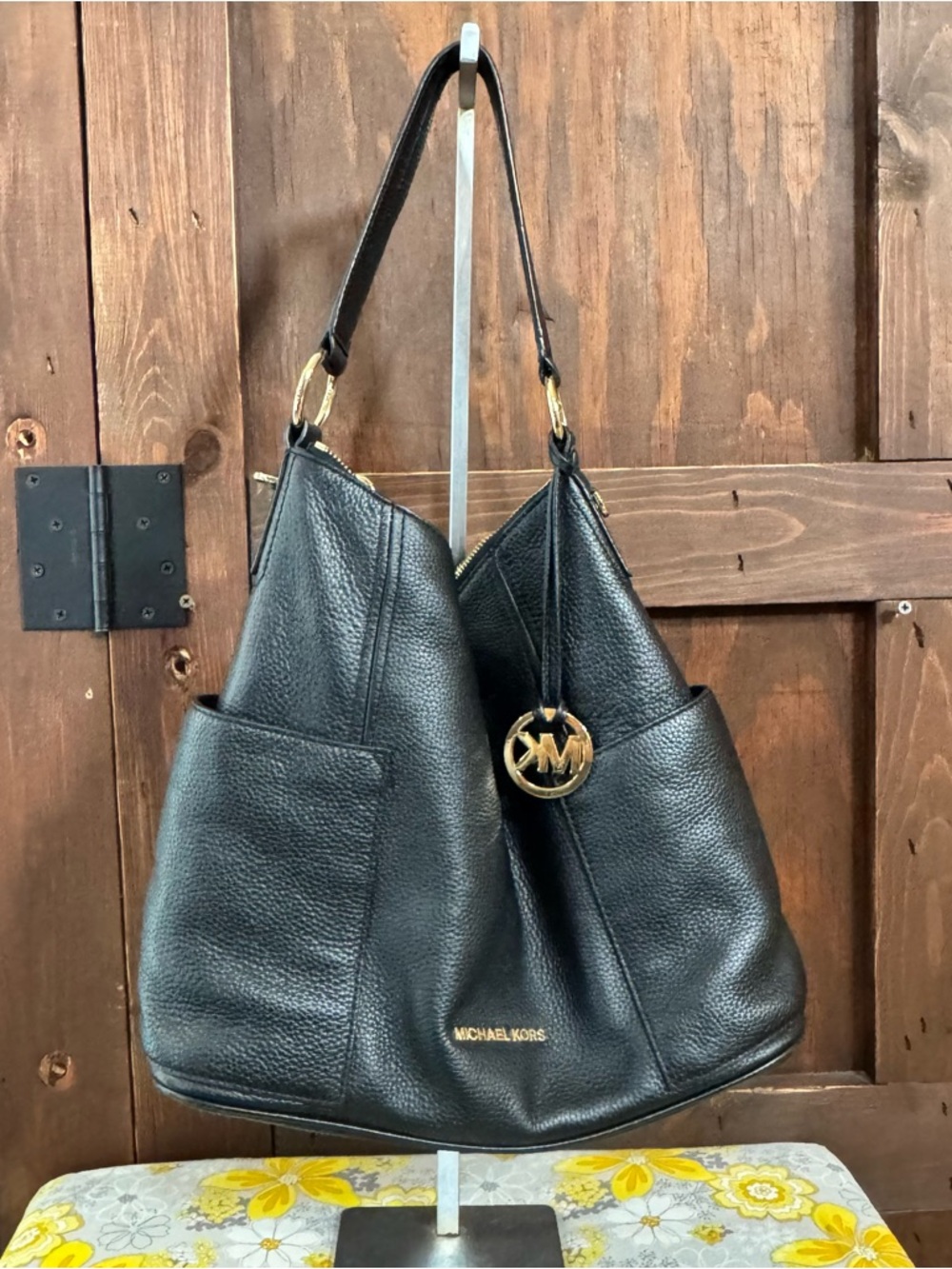 Michael Kors Black Pebbled Leather Hobo with Gold MK Charm